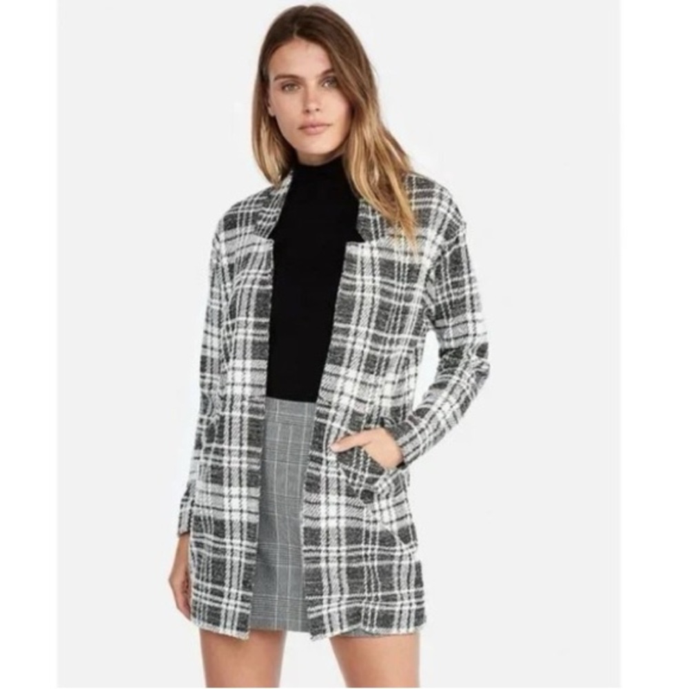Express soft Plaid Tailored Knit Blazer Long Open Front Sweater Black White